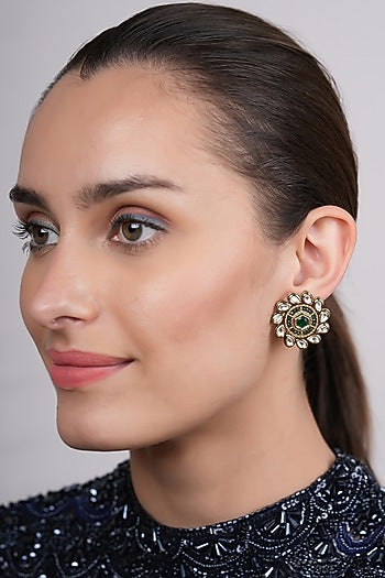 Gold Plated Emerald Polki Stud Earrings