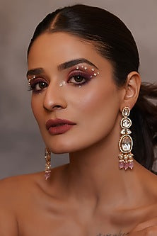 Gold Plated Kundan Polki & Pink Beaded Dangler Earrings