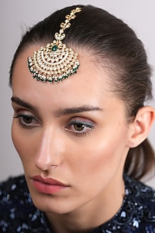Gold Plated Kundan Polki & Green Beaded Maangtikka