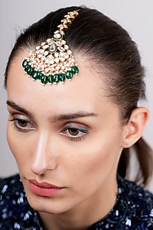 Gold Plated Kundan Polki & Green Beaded Maangtikka
