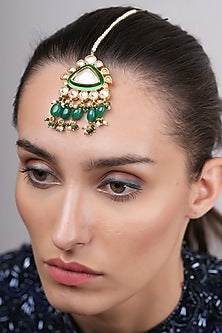 Gold Plated Kundan Polki & Green Beaded Maangtikka