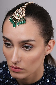Gold Plated Kundan Polki & Green Beaded Maangtikka