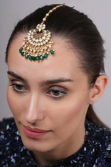 Gold Plated Kundan Polki & Green Beaded Maangtikka