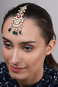 Gold Plated Kundan Polki & Green Beaded Maangtikka
