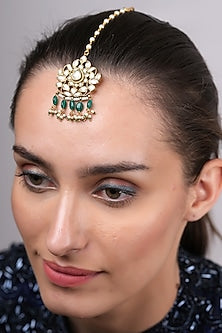 Gold Plated Kundan Polki & Green Beaded Maangtikka