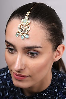 Gold Plated Kundan Polki & Aqua Beaded Maangtikka