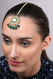 Gold Plated Kundan Polki & Green Beaded Maangtikka