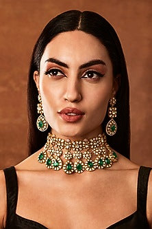 Gold Finish Moissanite Polki Choker Necklace Set