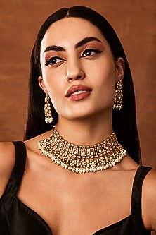 Gold Finish Moissanite Polki Choker Necklace Set