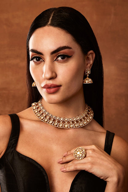 Gold Finish Moissanite Polki Choker Necklace Set