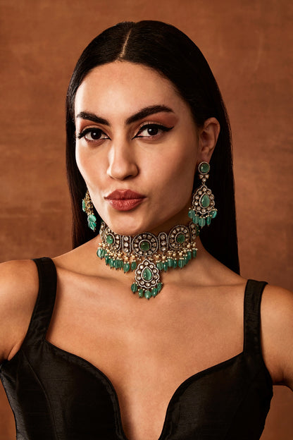 Silver Finish Kundan Polki Choker Necklace Set