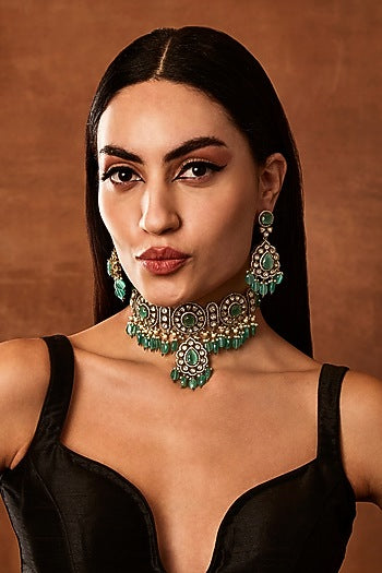 Silver Finish Kundan Polki Choker Necklace Set