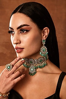 Silver Finish Kundan Polki Choker Necklace Set
