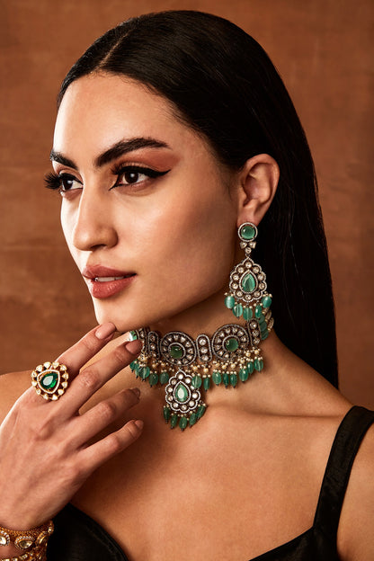 Silver Finish Kundan Polki Choker Necklace Set