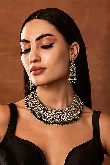 Silver Finish Kundan Polki & Emerald Beaded Choker Necklace Set