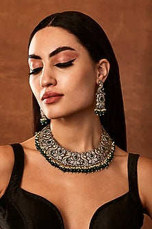 Silver Finish Kundan Polki & Emerald Beaded Choker Necklace Set