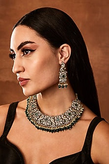 Silver Finish Kundan Polki & Emerald Beaded Choker Necklace Set