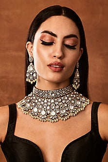 Silver Finish Kundan Polki & Pearl Choker Necklace Set