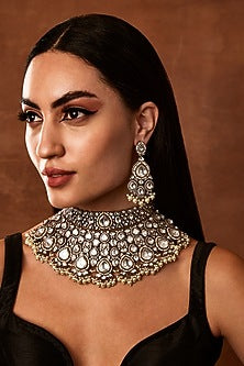 Silver Finish Kundan Polki & Pearl Choker Necklace Set