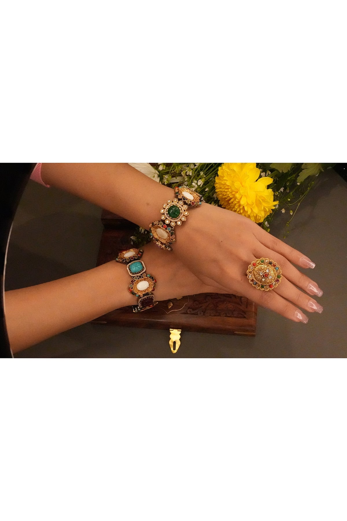 Gold Finish Navratna Stone Bangle