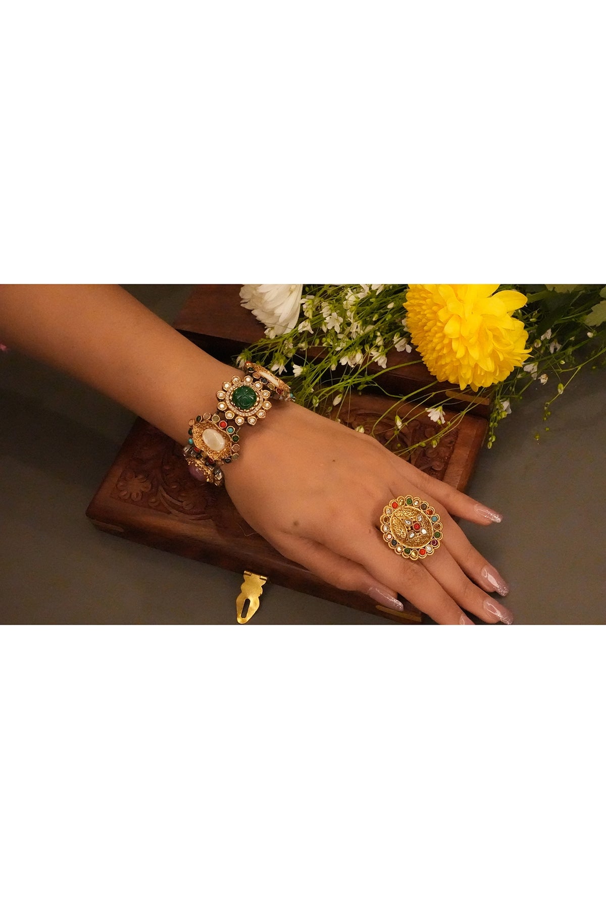 Gold Finish Navratna Stone Bangle