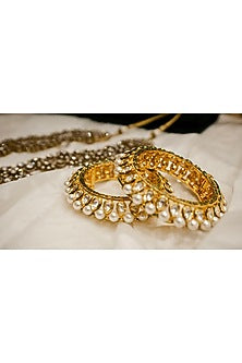 Gold Finish Moissanite Polki & Pearl Bangles In Sterling Silver (Set Of 2)