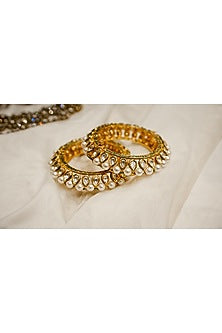 Gold Finish Moissanite Polki & Pearl Bangles In Sterling Silver (Set Of 2)
