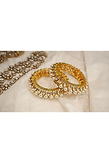 Gold Finish Moissanite Polki & Pearl Bangles In Sterling Silver (Set Of 2)