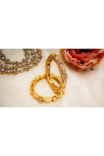 Gold Finish Kundan Polki Meenakari Bangles (Set Of 2)