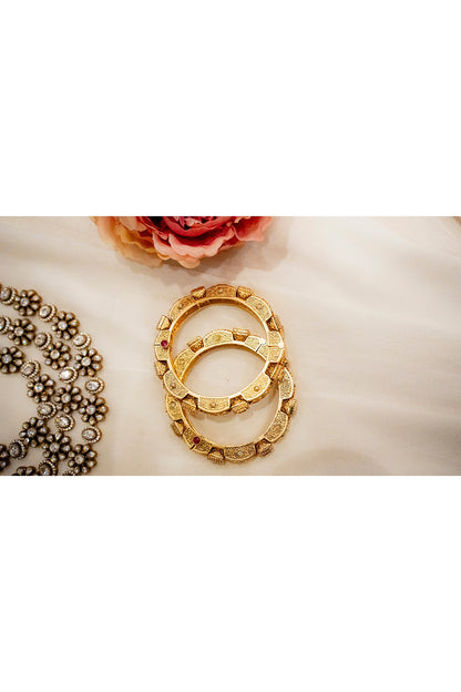 Gold Finish Kundan Polki Meenakari Bangles (Set Of 2)