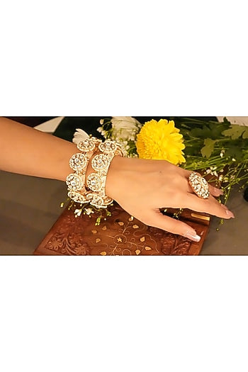 Gold Finish Kundan Polki & Pearl Pacheli Bangles (Set Of 2)