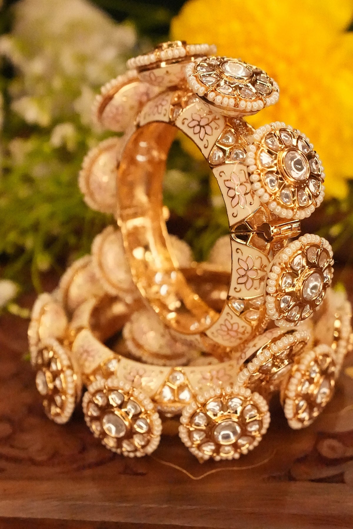 Gold Finish Kundan Polki & Pearl Pacheli Bangles (Set Of 2)
