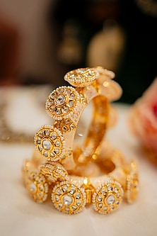 Gold Finish Kundan Polki & Pearl Pacheli Bangles (Set Of 2)