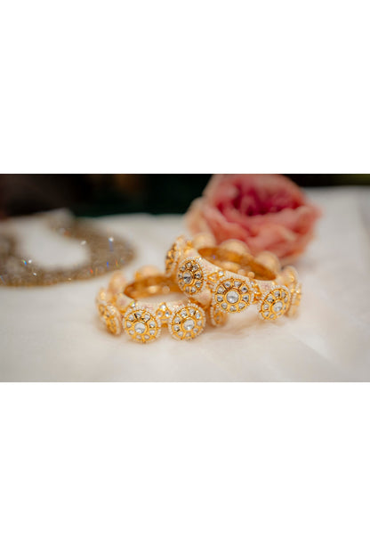 Gold Finish Kundan Polki & Pearl Pacheli Bangles (Set Of 2)