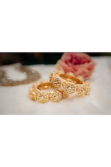 Gold Finish Kundan Polki & Pearl Pacheli Bangles (Set Of 2)