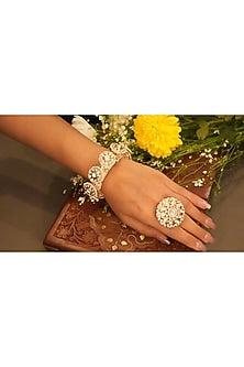 Gold Finish Kundan Polki & Pearl Pacheli Bangles (Set Of 2)