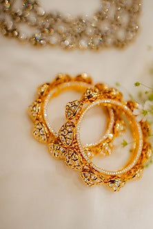 Gold Finish Kundan Polki Floral Pacheli Bangles (Set Of 2)