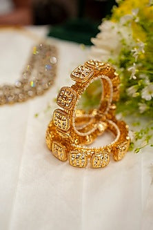 Gold Finish Kundan Polki & Swarovski Pacheli Bangles (Set Of 2)