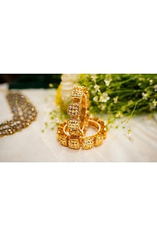 Gold Finish Kundan Polki & Swarovski Pacheli Bangles (Set Of 2)