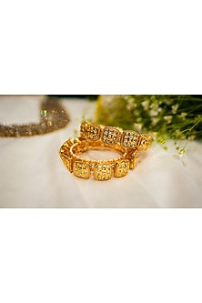 Gold Finish Kundan Polki & Swarovski Pacheli Bangles (Set Of 2)