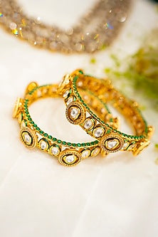 Gold Plated Kundan Polki Enameled Pacheli Bangles (Set Of 2)