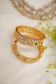 Gold Finish Kundan Polki & Navratna Stone Bangles (Set Of 2)