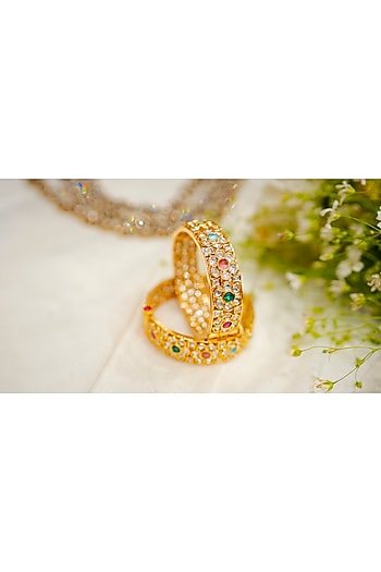 Gold Finish Kundan Polki & Navratna Stone Bangles (Set Of 2)