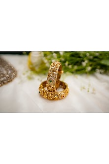 Gold Finish Ruby & Emerald Stone Temple Bangles ( Set Of 2)