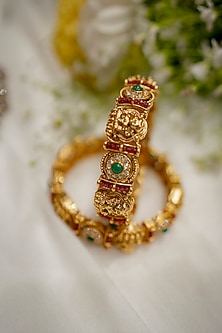 Gold Plated Ruby & Emerald Beaded Temple Bangles (Set Of 2)