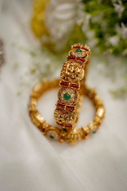 Gold Plated Ruby & Emerald Beaded Temple Bangles (Set Of 2)