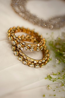 Gold Finish Kundan Polki Meenakari Pacheli Bangles (Set Of 2)