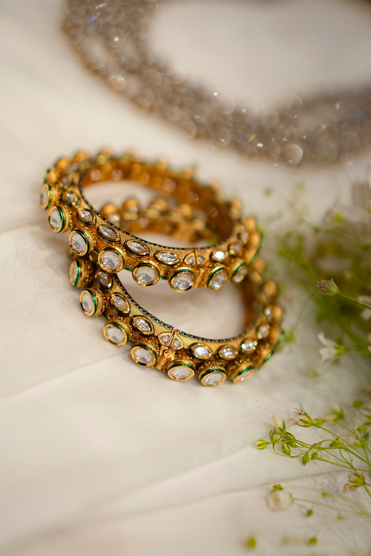 Gold Finish Kundan Polki Meenakari Pacheli Bangles (Set Of 2)
