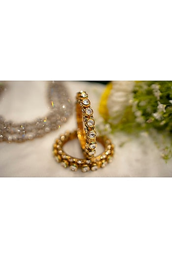 Gold Finish Kundan Polki Meenakari Pacheli Bangles (Set Of 2)