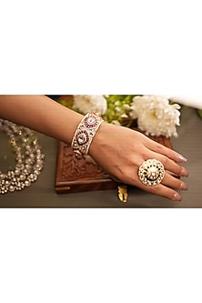 Gold Finish Kundan Polki & Ruby Stone Kada